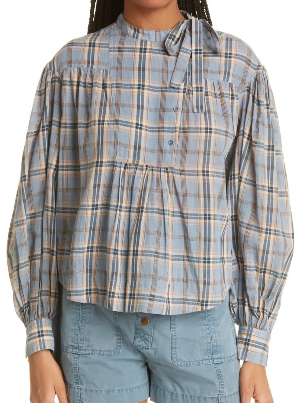 Ulla Johnson Clarke Gathered Plaid Cotton Voile Blouse Cornflower Blue 4 / S